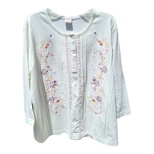 Adrian Delafield Pale Green Boho 3/4 Sleeve Embroidered Blouse - Size XL